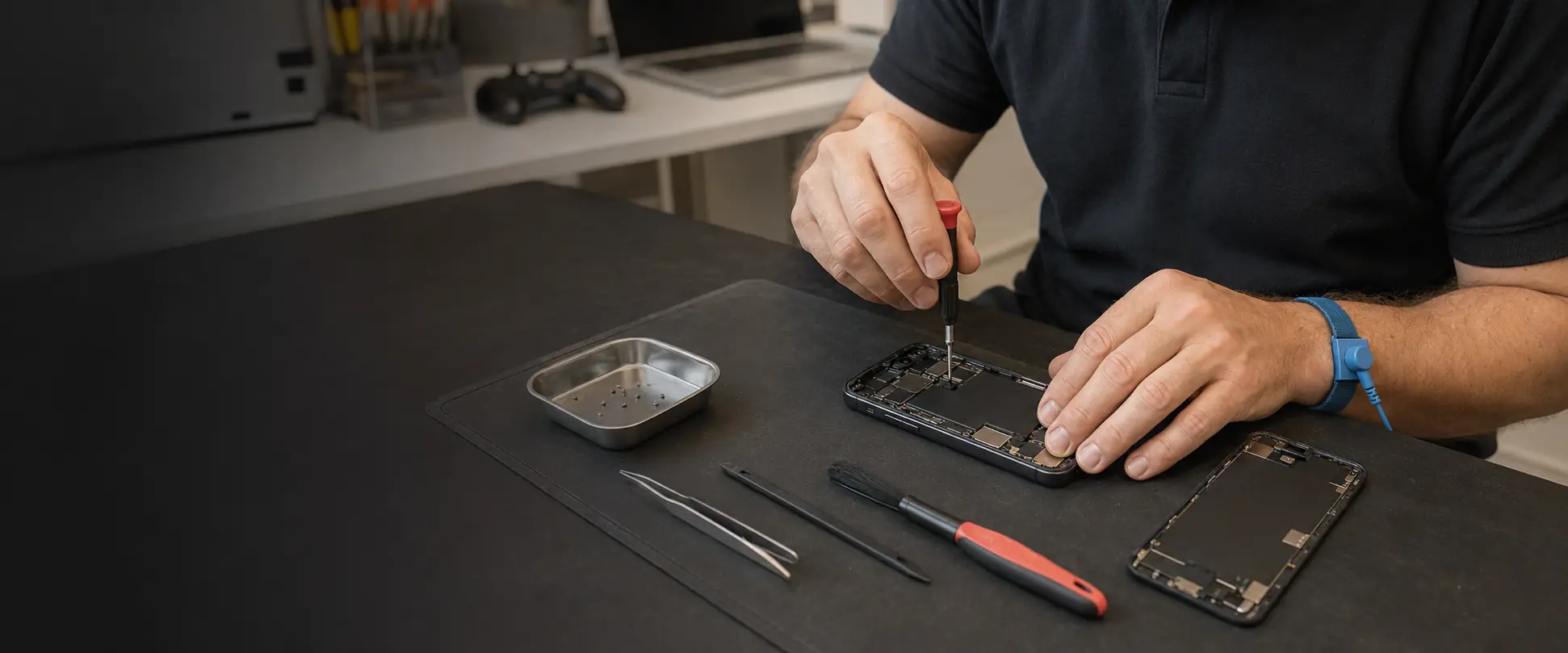 Technician carefully repairing a mobile device hardware component