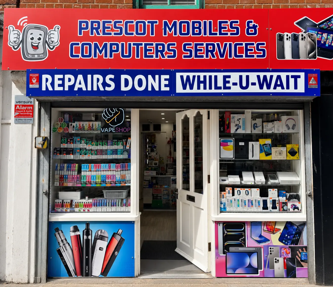 Front entrance of Prescot Mobiles & Computers Services at 57 Eccleston Street in Prescot.